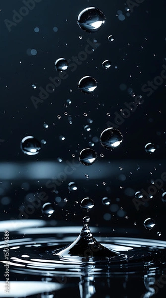 Fototapeta Water drops on dark background with a clean and transparent splash effect.