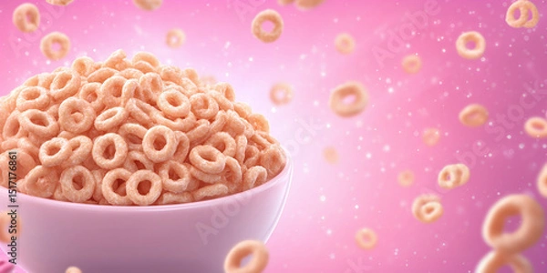 Fototapeta Flying cereal rings with white bowl on sparkling pink background, dynamic breakfast composition for crunchy snack or product advertising