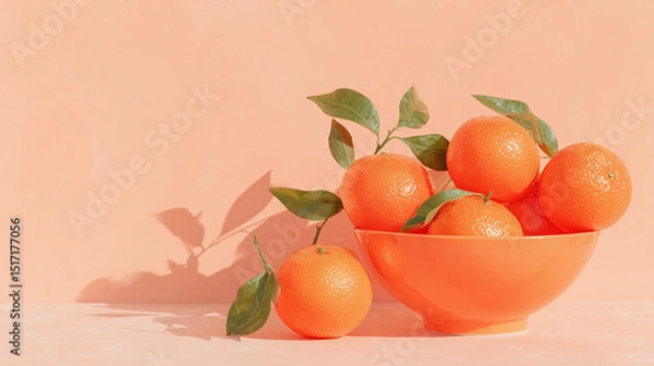 Fototapeta Orange bowl with fresh tangerines and green leaves on peach background, bright citrus fruit composition for natural food or vegan concept