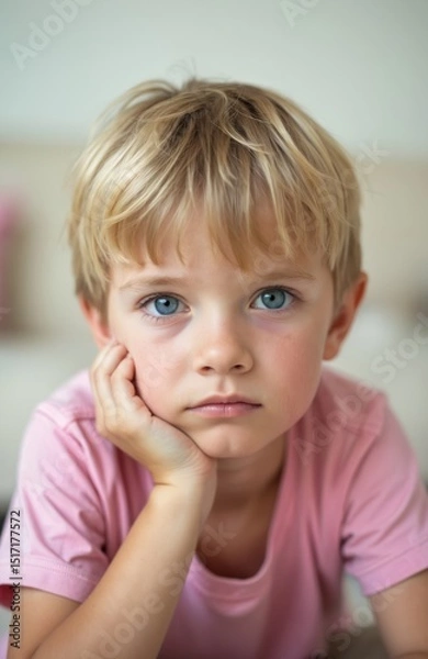 Fototapeta Close-up portrait of young boy with thoughtful gaze. Blond hair blue eyes, child rests chin on hand looking directly at viewer. Child with sad or serious face. Childhood, emotions, feelings.