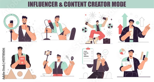 Fototapeta A set of 8 flat illustrations depicting diverse influencers and content creators engaged in various activities, from recording videos and podcasts to managing content and analyzing data, symbolizing
