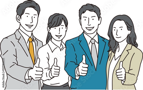 Obraz サムズアップでチームワークのある男女のビジネスパーソン