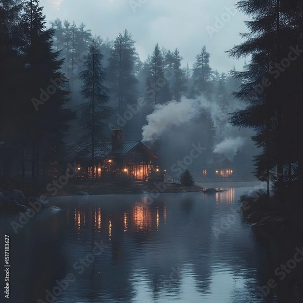 Fototapeta Serene Lakeside Cabin in Misty Forest at Dusk Tranquil Night Scene with Warm Lights Reflecting on Water
