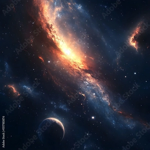 Fototapeta A Stunning Cosmic Nebula with a Planet Orbiting a Bright Star in a Dark Expansive Space