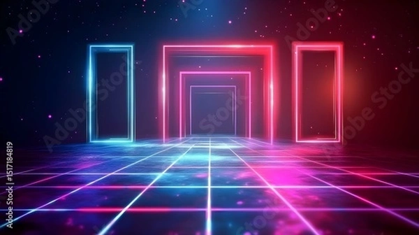 Fototapeta Futuristic Neon Glowing Portal Entrance Abstract Background Design Pink and Blue Lights Shine on a Grid Floor