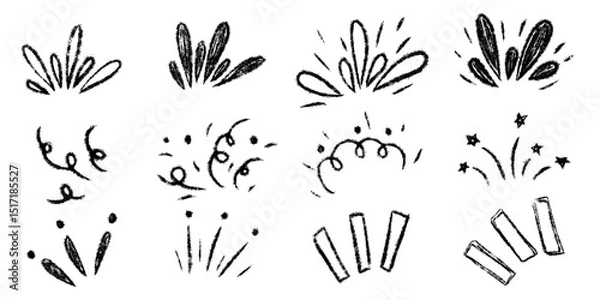 Fototapeta Burst ray confetti set. Chalk textured kids freehand starburst explosion Crayon hand drawn scribble shine spark. Pencil decorative emphasis exclamation collection. Sketch vector illustration isolated