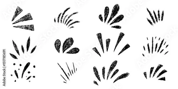 Fototapeta Burst ray confetti set. Chalk textured kids freehand starburst explosion Crayon hand drawn scribble shine spark. Pencil decorative emphasis exclamation collection. Sketch vector illustration isolated
