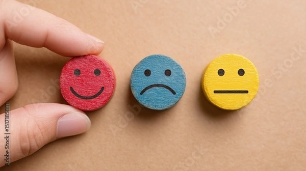 Obraz Hand Choosing Happy Emoji from Three Wooden Emoticons