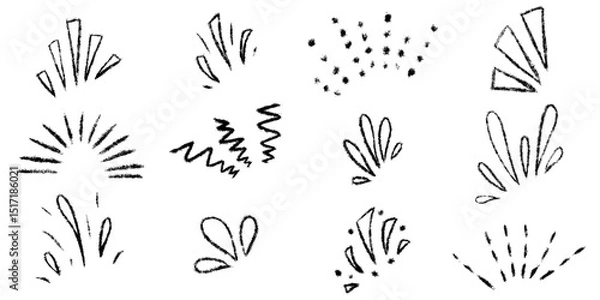 Fototapeta Burst ray confetti set. Chalk textured kids freehand starburst explosion Crayon hand drawn scribble shine spark. Pencil decorative emphasis exclamation collection. Sketch vector illustration isolated