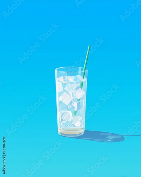 Fototapeta glass of water with ice and straw, cocktail with ice, water glass on blue background, cool drinks