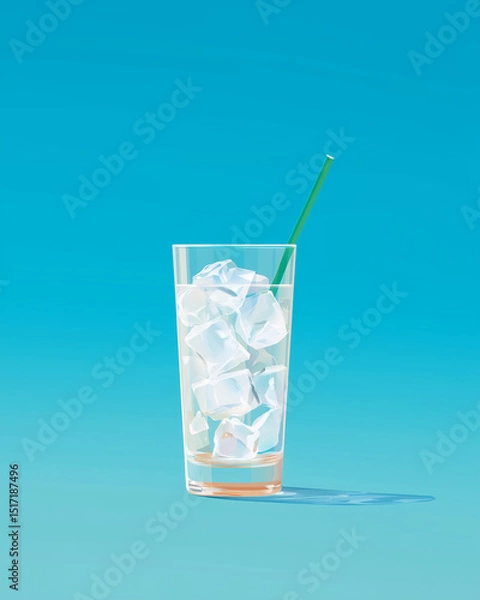 Fototapeta glass of water with ice and straw, cocktail with ice, water glass on blue background, cool drinks