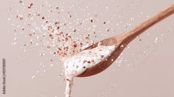 Fototapeta Wooden spoon with splashing cream and cocoa powder on neutral background, dynamic dairy concept for dessert or cooking visuals