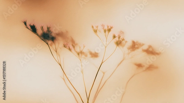 Fototapeta Delicate shadow of dried wildflowers on soft beige background, minimal natural floral composition for decor or design template