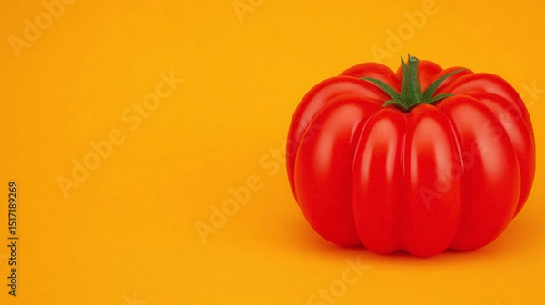 Fototapeta Single heirloom tomato on vibrant yellow background, bold red vegetable composition for organic farming or fresh produce design