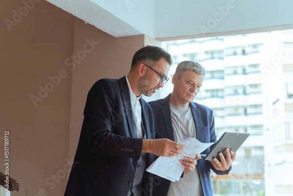 Fototapeta A two man businessman Reviewing Documents and Digital Tablet in Modern Office