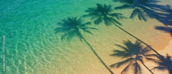 Fototapeta Serene Tropical Beach with Crystal Clear Water and Palm Tree Shadows on Soft Sandy Shoreline