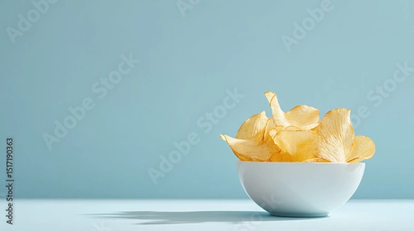 Fototapeta White bowl with golden potato chips on light blue background, minimal snack food composition for fast food or modern product styling