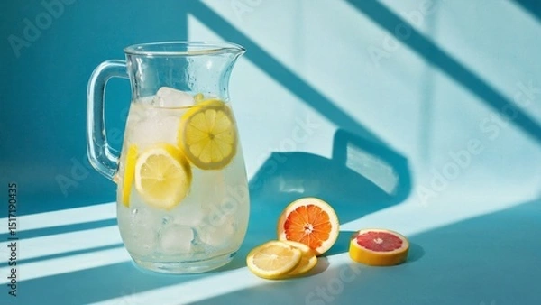 Fototapeta Refreshing Citrus Drink with Lemon and Grapefruit in Bright Pitcher on Blue Background
