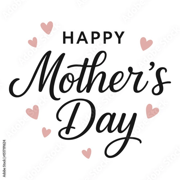 Fototapeta Happy Mother’s Day text and pink hearts. Elegant flat vector illustration isolated on transparent background