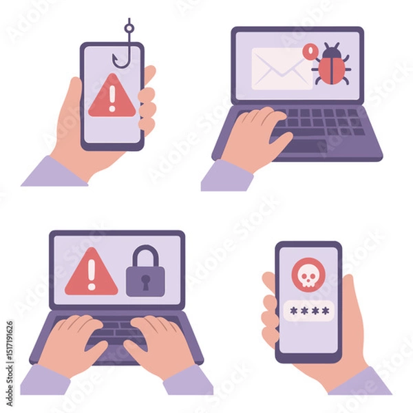 Fototapeta Cybersecurity threats like phishing, malware, and password leaks. Flat vector illustration set