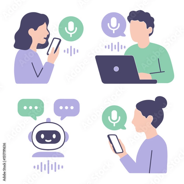 Fototapeta People using voice AI assistants on phone and computer vector illustration set isolated on transparent background