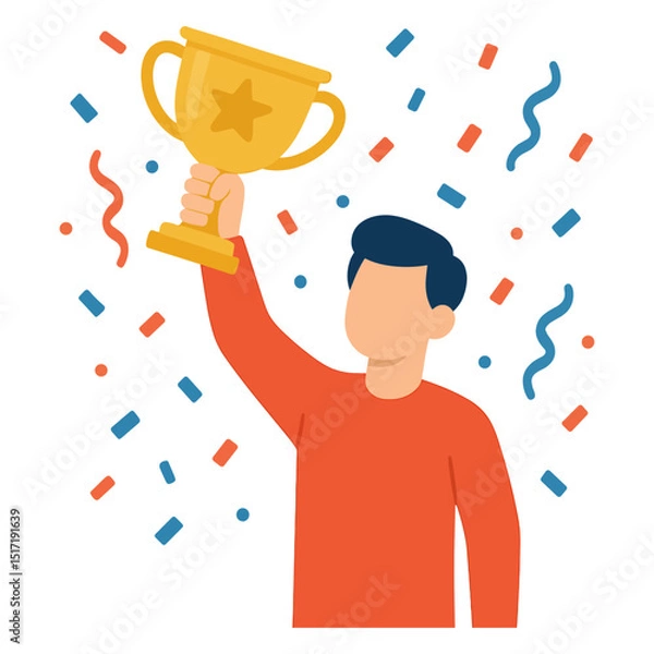 Fototapeta Champion celebrating victory with trophy and confetti Flat vector illustration isolated on transparent background