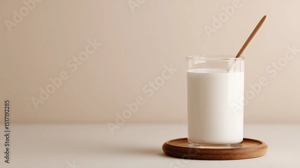 Fototapeta Glass of milk with wooden spoon on coaster over soft beige background, minimal dairy product composition for healthy breakfast or drink concept