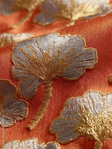 Obraz Luxurious embroidery design featuring elegant lotus flowers with shimmering gold threads and silver metallic accents on a warm orange background, creating a refined and artistic oriental textile patte