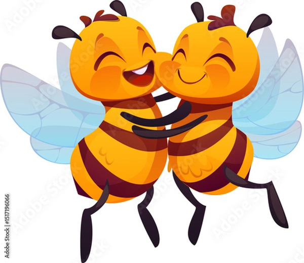 Fototapeta Flying and hugging honey bees happy cartoon characters. Wasp insects funny vector characters, honey bee bugs cute mascots. Garden bumblebee friends cheerful characters or honeybee baby happy personage