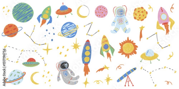 Fototapeta Kids chalk drawings galaxy big set. Collection freehand child baby hand drawn scribble elements. Textured planet, stars, astronaut, rocket, telescope, alien UFO spaceship. Vector illustration isolated