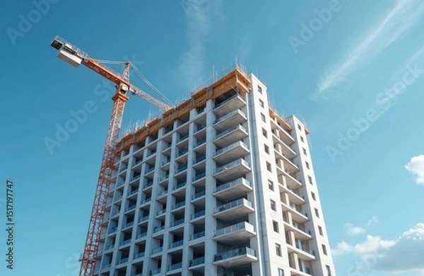Fototapeta Modern apartment building construction with crane against blue sky. New urban residential real estate development process. Engineers, architects work on building. Construction business, new housing