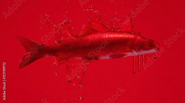 Fototapeta Red fish splashing through water on vivid red background, dynamic seafood concept with high-contrast motion for food or marine design visual