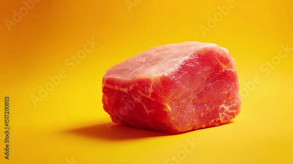 Fototapeta Raw chunk of pork meat on solid yellow background, bold minimal food composition for butcher product or protein-based culinary concept