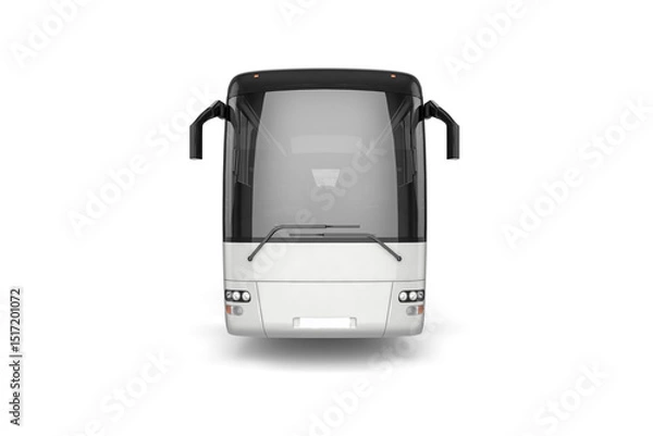 Obraz Frontal view of a white bus with black trim and windshield wipers on a plain white background space
