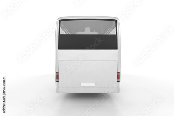 Obraz Rear view of a white bus with a large window and black panel on a plain white background studio shot