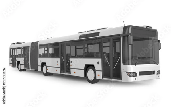 Obraz A long white articulated bus with open doors on a plain white background in a studio setting view