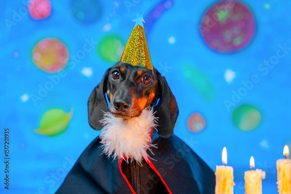 Fototapeta A dachshund predictor wearing a glittery wizard hat and cape, set against a vibrant cosmic backdrop with colorful planets. three lit candles add a magical ambiance.