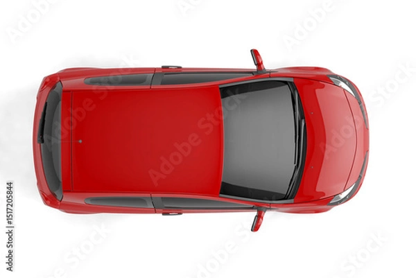 Obraz Aerial view of a compact red car with a dark gray roof on a plain white background in studio shot