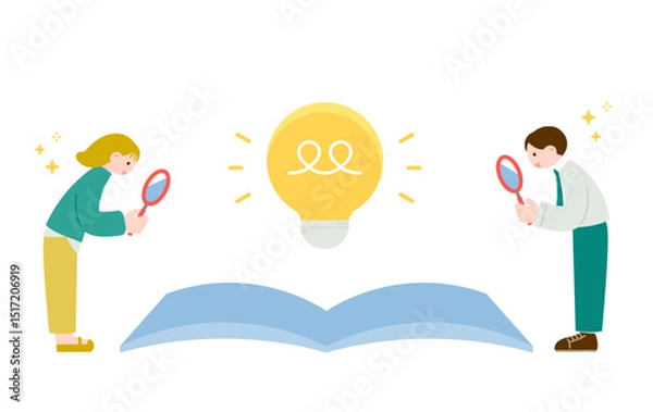 Obraz 問題が解決して笑顔の男女　本で調べて答えを見つけたイメージ