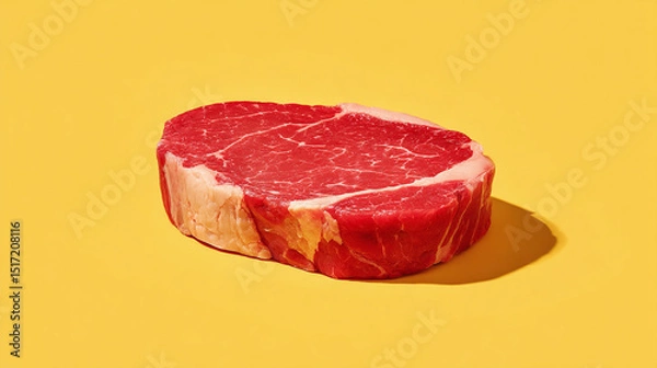 Fototapeta Raw red beef steak on solid yellow background, fresh marbled meat composition for butcher, protein food or culinary product template