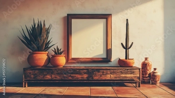 Fototapeta Empty picture frame on a wooden sideboard with potted succulents and a cactus.