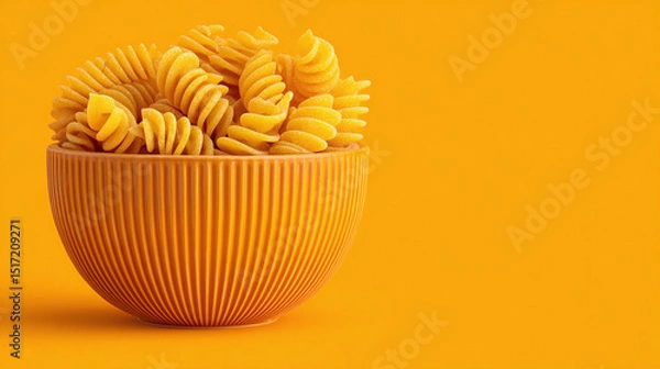 Fototapeta Orange ceramic bowl filled with dry fusilli pasta on matching orange background, vibrant minimal food composition for cooking or culinary design