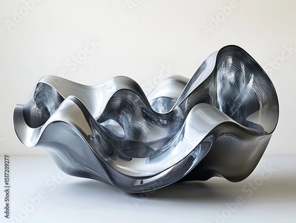 Fototapeta Sculptural metallic vessel with undulating contours against plain backdrop