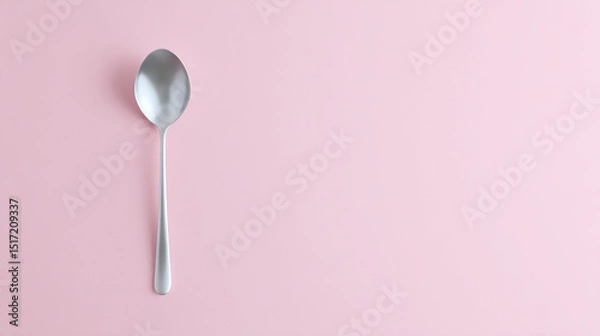 Fototapeta Single silver spoon on pastel pink background, minimal modern kitchen utensil composition for tableware or culinary design template