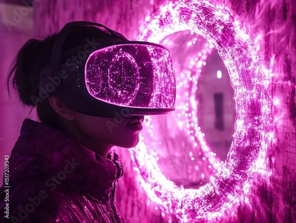 Fototapeta Immersive Virtual Reality Experience with Glowing Light Portal and VR Headset