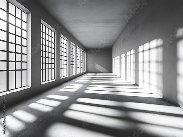 Fototapeta Light-filled hall with shadow play, architectural perspective and serene gray hues