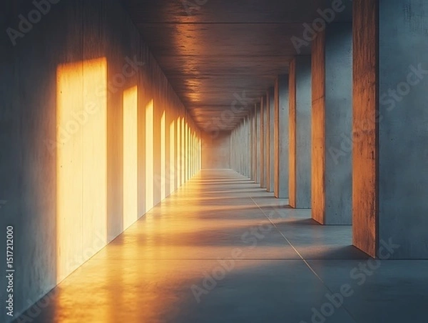 Fototapeta Dramatic perspective of sunlight streaming through concrete corridor columns