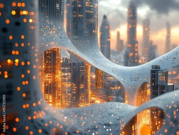 Fototapeta Futuristic metropolis with illuminated skyscrapers and an ethereal structure