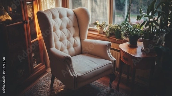 Fototapeta Beige armchair by a small wooden side table with soft ambient lighting and plants