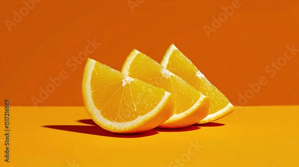 Fototapeta Fresh orange slices on solid orange background, bright juicy citrus composition with shadow for healthy food or summer fruit concept